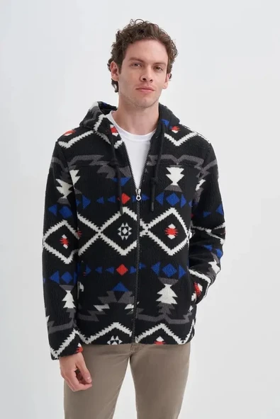 Cazador Vintage Desenli Kürklü Regular Fit Kapüşonlu Sweat Hırka-50940