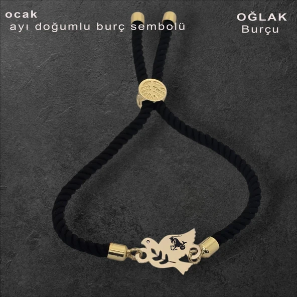 Burca Özel Kuş Motifli Siyah İpek Örgülü 14 Ayar Altın Plakalı Hediye Bileklik-360 - Resim 2