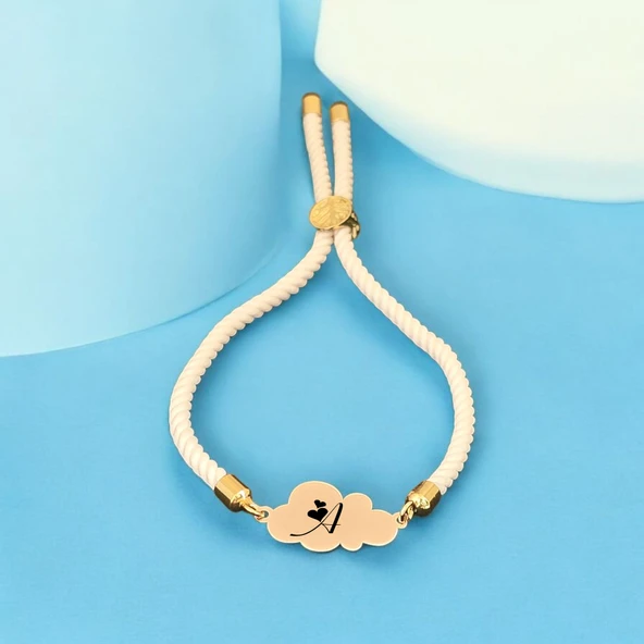 Harfe Özel 14 Ayar Altın Plakalı Bulut Motifli Beyaz Örgü İpli Hediye Bileklik-362 ürün görseli