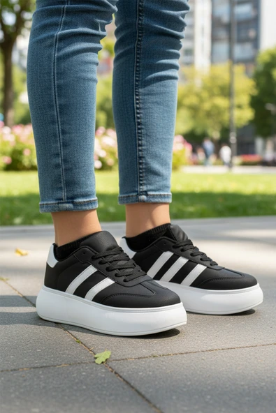 Aspor Siyah Beyaz Yüksek Taban Bağcıklı Unisex Sneaker - Resim 3