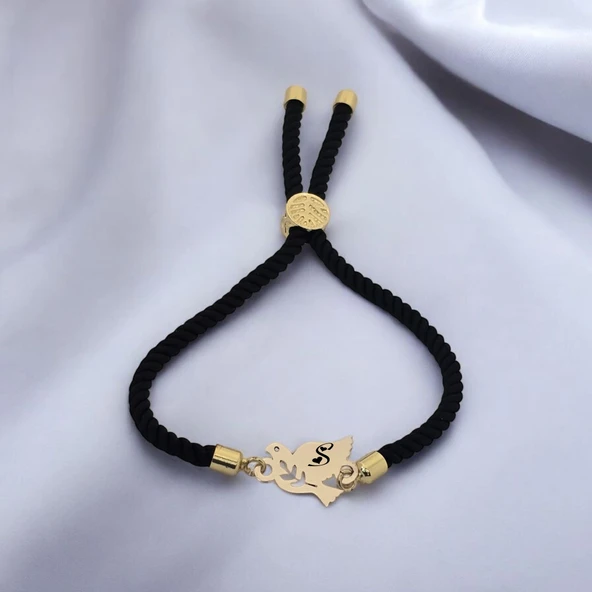 Harfe Özel 14 Ayar Altın Plakalı Kuş Motifli Siyah İpek Örgülü Hediye Bileklik-360 - Resim 2