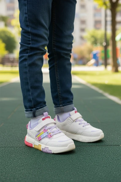 Cool Lila Cırtlı Işıklı Kız Çocuk Spor Ayakkabı - Resim 3