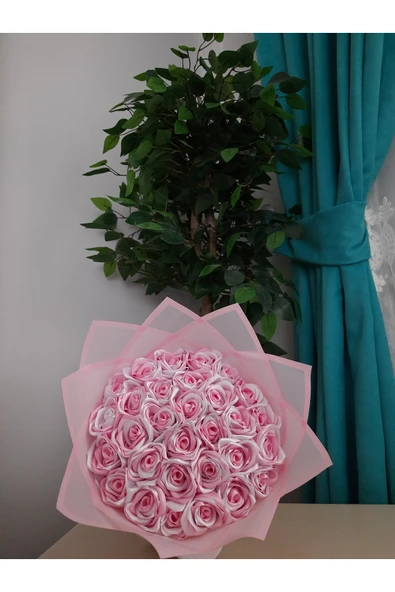 BUKET DÜNYASI 30 Lu Led Işıklı Gül Buketi Pembe-beyaz Gül Dışı Pembe Jelatin - 1