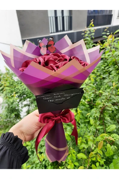 BUKET DÜNYASI 7 Li Solmayan Gül Buketi Bordo Gül Dışı Mor - 2