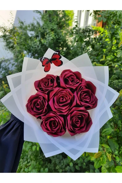 BUKET DÜNYASI 7'li Solmayan Gül Buketi Bordo Gül Dışı Beyaz - 1