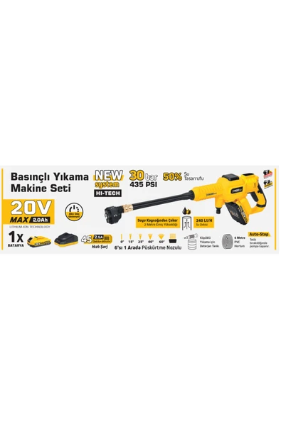 SGS Plus Akülü Basınçlı Yıkama Makinesi Seti 30 bar 435 PSI 2.0 Ah SGS-5410 - Resim 2