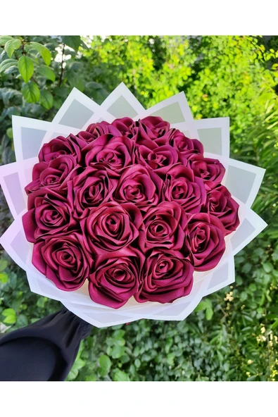BUKET DÜNYASI 20 Lİ SOLMAYAN GÜL BUKETİ BORDO DIŞI BEYAZ - Resim 2