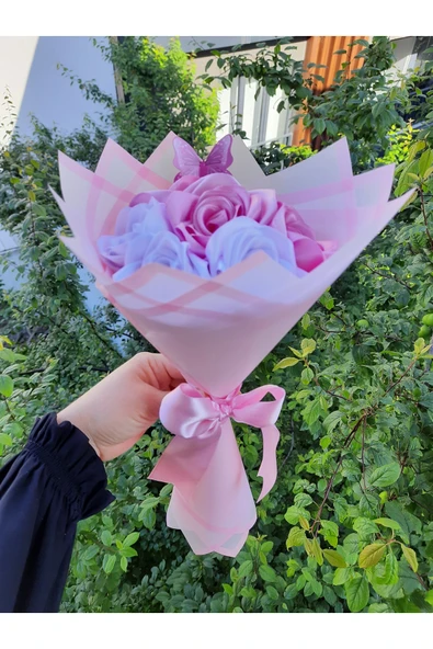 BUKET DÜNYASI 7 Li Solmayan Gül Buketi Pembe-beyaz Karışık Dışı Pembe Jelatin - 2
