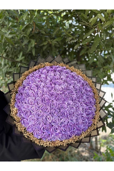 BUKET DÜNYASI 101 lı İSTEME SÖZ NİŞAN SOLMAYAN GÜL BUKETİ LİLA GÜL DIŞI SİYAH - 7