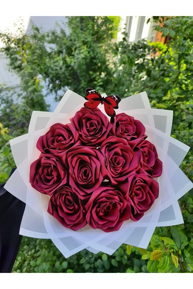 BUKET DÜNYASI 10 Lu Solmayan Gül Buketi Bordo Gül Dışı Beyaz - 1