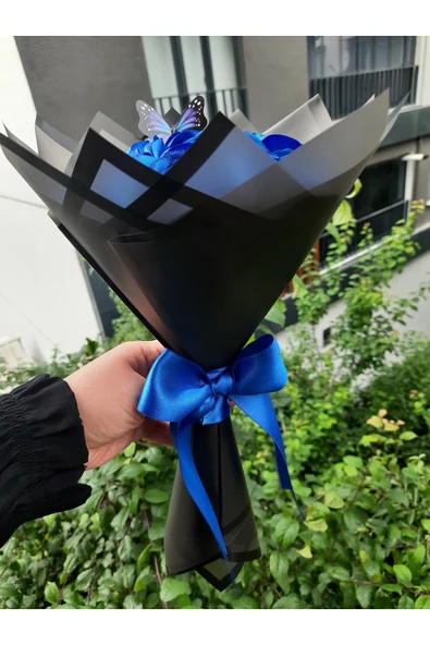 BUKET DÜNYASI 7 li Solmayan Gül Buketi MAVİ GÜL DIŞI SİYAH - Resim 2