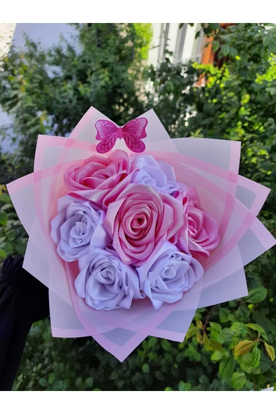 BUKET DÜNYASI 7 Li Solmayan Gül Buketi Pembe-beyaz Karışık Dışı Pembe Jelatin - 1