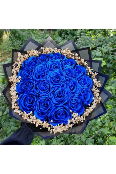 BUKET DÜNYASI 20 Li Led Işıklı Kenar Süslemeli Solmayan Gül Buketi Mavi Gül Dışı Siyah ürün görseli 1