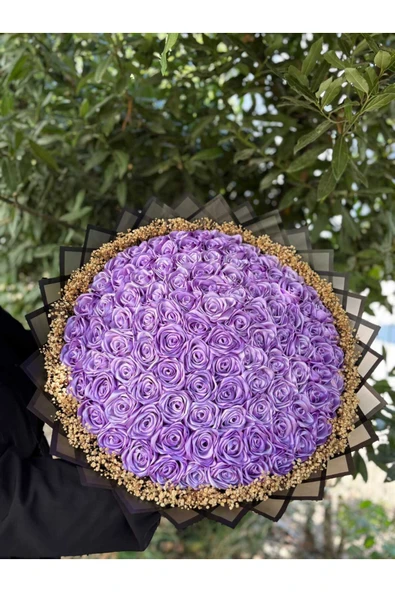 BUKET DÜNYASI 101 lı İSTEME SÖZ NİŞAN SOLMAYAN GÜL BUKETİ LİLA GÜL DIŞI SİYAH - 6