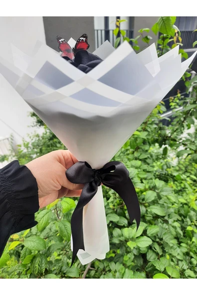 BUKET DÜNYASI 7 Li Solmayan Gül Buketi Siyah Gül Dışı Beyaz - 2