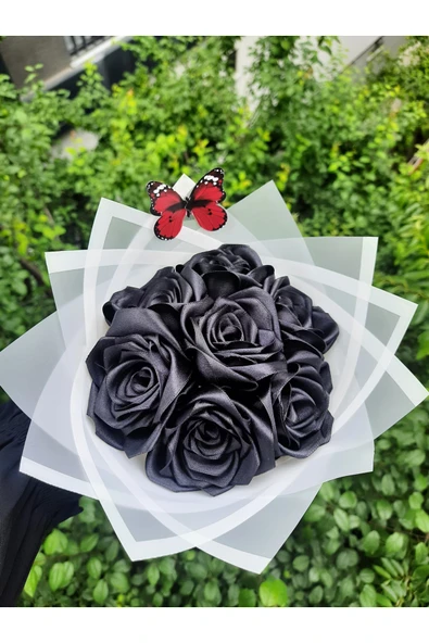 BUKET DÜNYASI 7 Li Solmayan Gül Buketi Siyah Gül Dışı Beyaz - 1