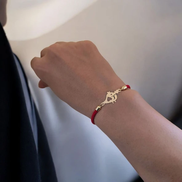 Harfe Özel 14 Ayar Altın Plakalı Sevimli Minik Kuş Figürlü Kırmızı İpek Örgülü Hediye Bileklik-363 - Resim 2