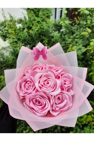 BUKET DÜNYASI 7 Li Solmayan Gül Buketi Pembe Gül Dışı Pembe Jelatin - 1