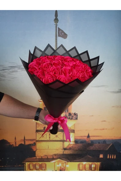 BUKET DÜNYASI 30 Lu Led Işıklı Solmayan Gül Buketi Fuşya Pembe Gül Dışı SİYAH - 2