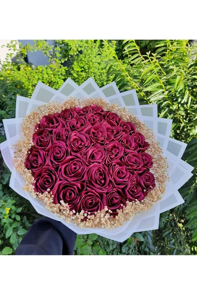 BUKET DÜNYASI 30 Lu Led Işıklı Kenar Süslemeli Solmayan Gül Buketi Bordo Gül Dışı Beyaz - 1
