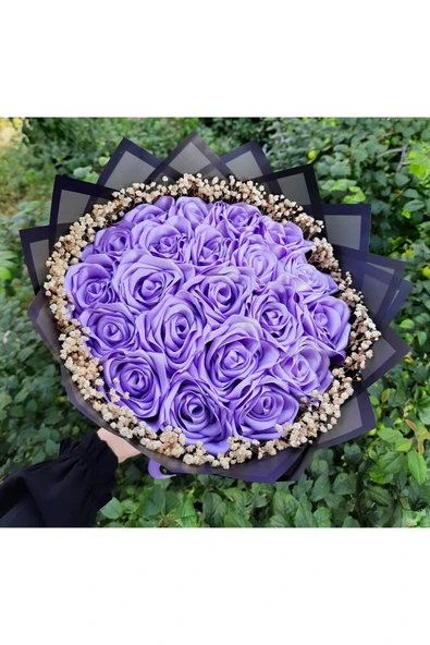 BUKET DÜNYASI 20 Li Led Işıklı Kenar Süslemeli Solmayan Gül Buketi LİLA GÜL Dışı Siyah ürün görseli 1