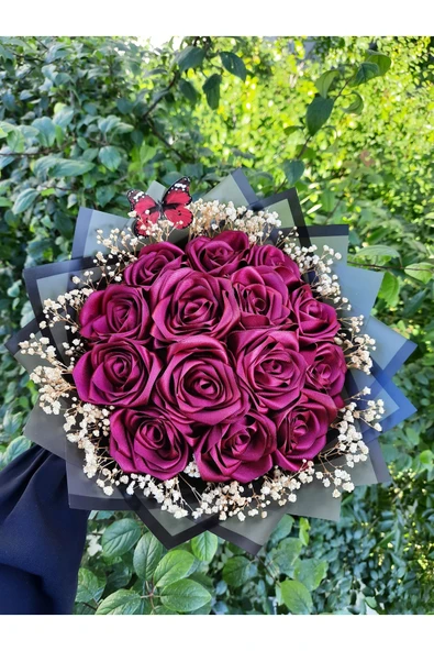 BUKET DÜNYASI 14 lü Solmayan Gül Buketi BORDO CİPSOLU ürün görseli 1