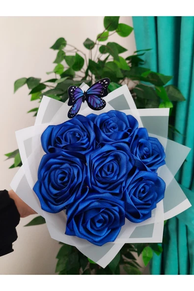 BUKET DÜNYASI 7 Li Solmayan Gül Buketi Mavi Gül Dışı Beyaz - 1
