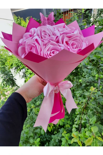 BUKET DÜNYASI 10 Lu Solmayan Gül Buketi Pembe Gül Dışı Pembe Kağıt Çift Renk - Resim 2