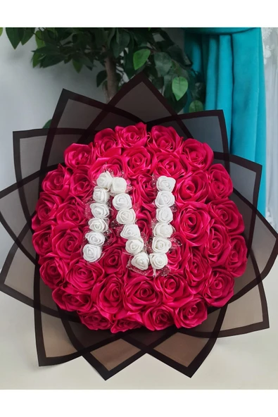 BUKET DÜNYASI 41 Li Harfli Led Işıklı Solmayan Gül Buketi Fuşya Pembe Gül Dışı Siyah - 1