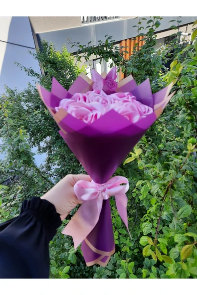 BUKET DÜNYASI 7 Li Solmayan Gül Buketi Pembe Gül Dışı Mor - 2