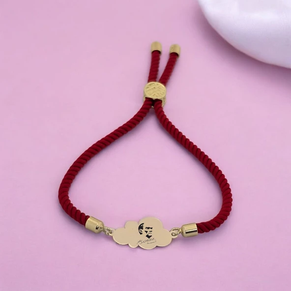 Sembole Özel Kırmızı İpek Örgülü 14 Ayar Altın Plakalı Bulut Figürlü Hediye Bileklik-364 - Resim 2
