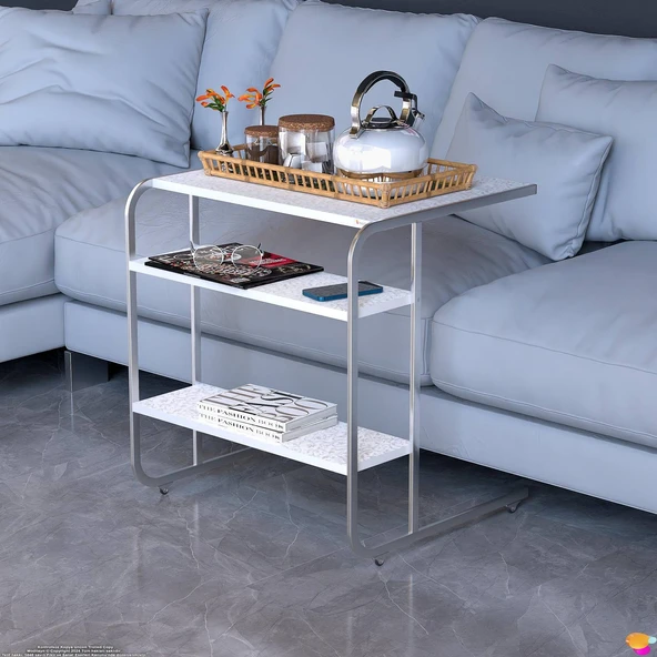 Modilayn C Yan Sehpa Geniş Boy Tekerlekli Çalışma, Atıştırmalık, Yemek, Laptop Sehpası Beyaz Desenli - 2