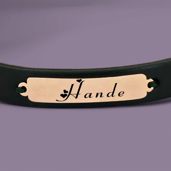 İsme Özel Dikdörtgen Motifli Doğal Yeşil Derili 14 Ayar Altın Plakalı Hediye Bileklik-367 - Resim 2