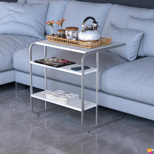 Modilayn C Yan Sehpa Geniş Boy Tekerlekli Çalışma, Atıştırmalık, Yemek, Laptop Sehpası Beyaz Çizgili - 6