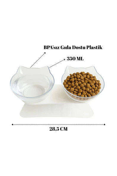 Çift Hazneli Kedi Kulaklı Beslenme Mama ve Su Kabı 350 ML - 1