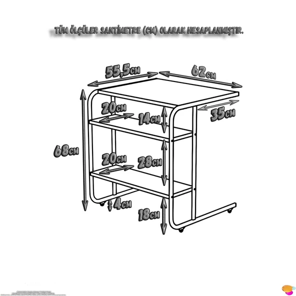 Modilayn C Yan Sehpa Geniş Boy Tekerlekli Çalışma, Atıştırmalık, Yemek, Laptop Sehpası Beyaz Desenli - 8