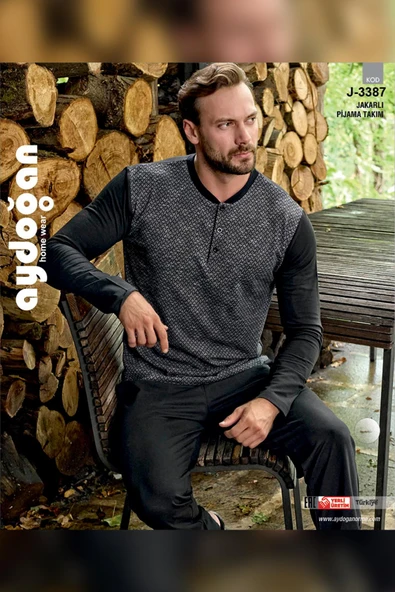 Aydoğan Erkek Tekin Jakarlı Kışlık Siyah Pijama Takım 3387 - 2