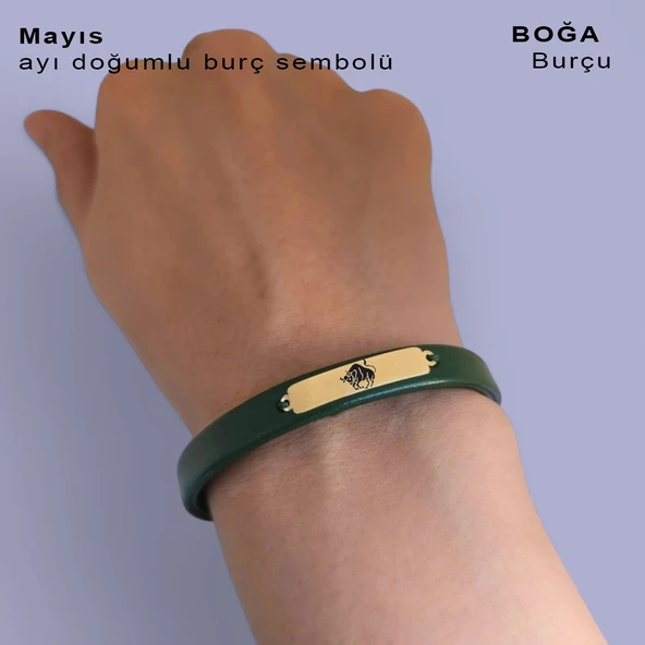 Burca Özel Dikdörtgen Motifli Doğal Yeşil Derili 14 Ayar Altın Plakalı Hediye Bileklik-367 - Resim 4