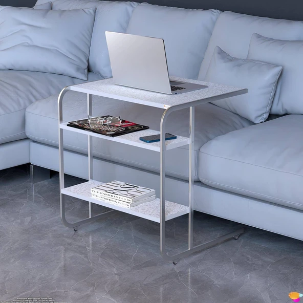 Modilayn C Yan Sehpa Geniş Boy Tekerlekli Çalışma, Atıştırmalık, Yemek, Laptop Sehpası Beyaz Desenli - 5