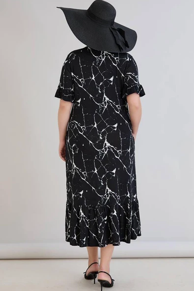 Wearon Kadın Dora Büyük Beden Volanlı Mermer Desen Siyah Elbise - 6