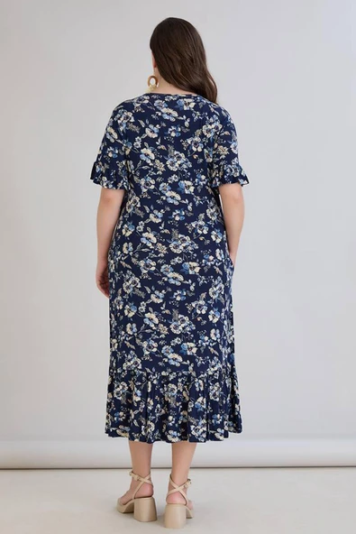 Wearon Kadın Dora Büyük Beden Volanlı Beyaz Papatyalar Lacivert Elbise - Resim 6