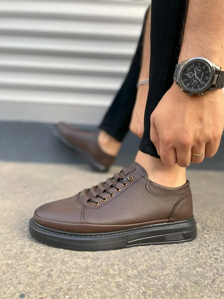 JY0535 Prime Bağcıklı Cilt Erkek Günlük Sneaker Ayakkabı CST - Kahverengi - Resim 3