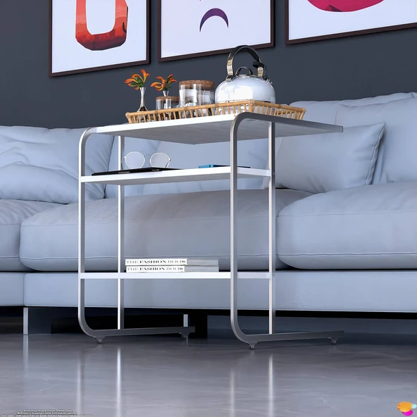 Modilayn C Yan Sehpa Geniş Boy Tekerlekli Çalışma, Atıştırmalık, Yemek, Laptop Sehpası Beyaz Çizgili - 5