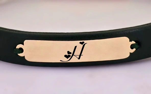 Harfe Özel 14 Ayar Altın Plakalı Dikdörtgen Motifli Doğal Yeşil Derili Hediye Bileklik-367 - Resim 2