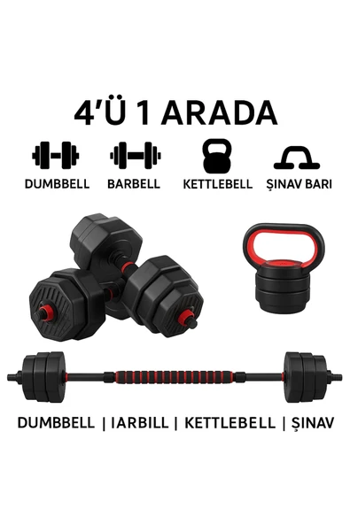 Hepitop 4’ü 1 Arada Dambıl Seti 20 KG | Ayarlanabilir Dumbbell – Barbell – Kettlebell – Şınav Barı Spor Seti - 2