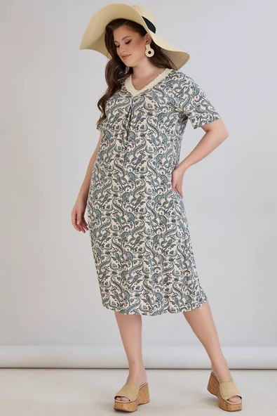 Wearon Kadın Beliz Büyük Beden Dantelli Kısa Kollu Turkuaz Elbise - Resim 3