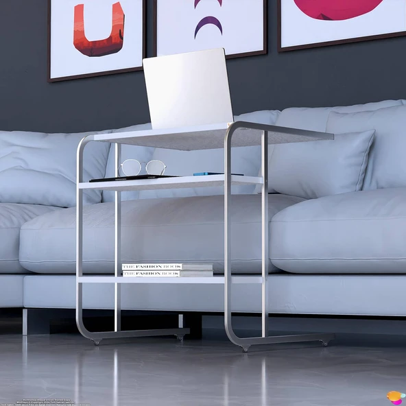 Modilayn C Yan Sehpa Geniş Boy Tekerlekli Çalışma, Atıştırmalık, Yemek, Laptop Sehpası Beyaz Desenli - 6