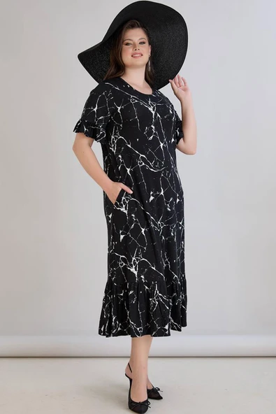 Wearon Kadın Dora Büyük Beden Volanlı Mermer Desen Siyah Elbise - 5