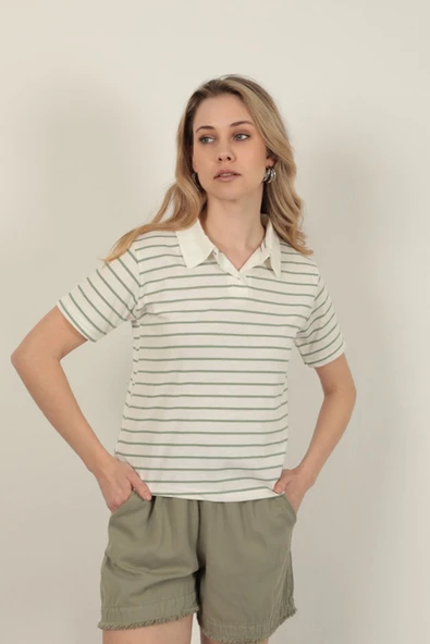 Süprem Kumaş Çizgili Kadın Tişört-Yeşil ürün görseli