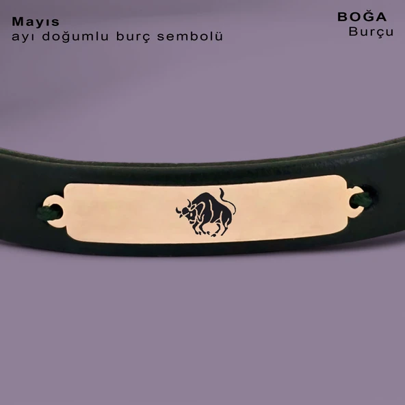 Burca Özel Dikdörtgen Motifli Doğal Yeşil Derili 14 Ayar Altın Plakalı Hediye Bileklik-367 - Resim 2